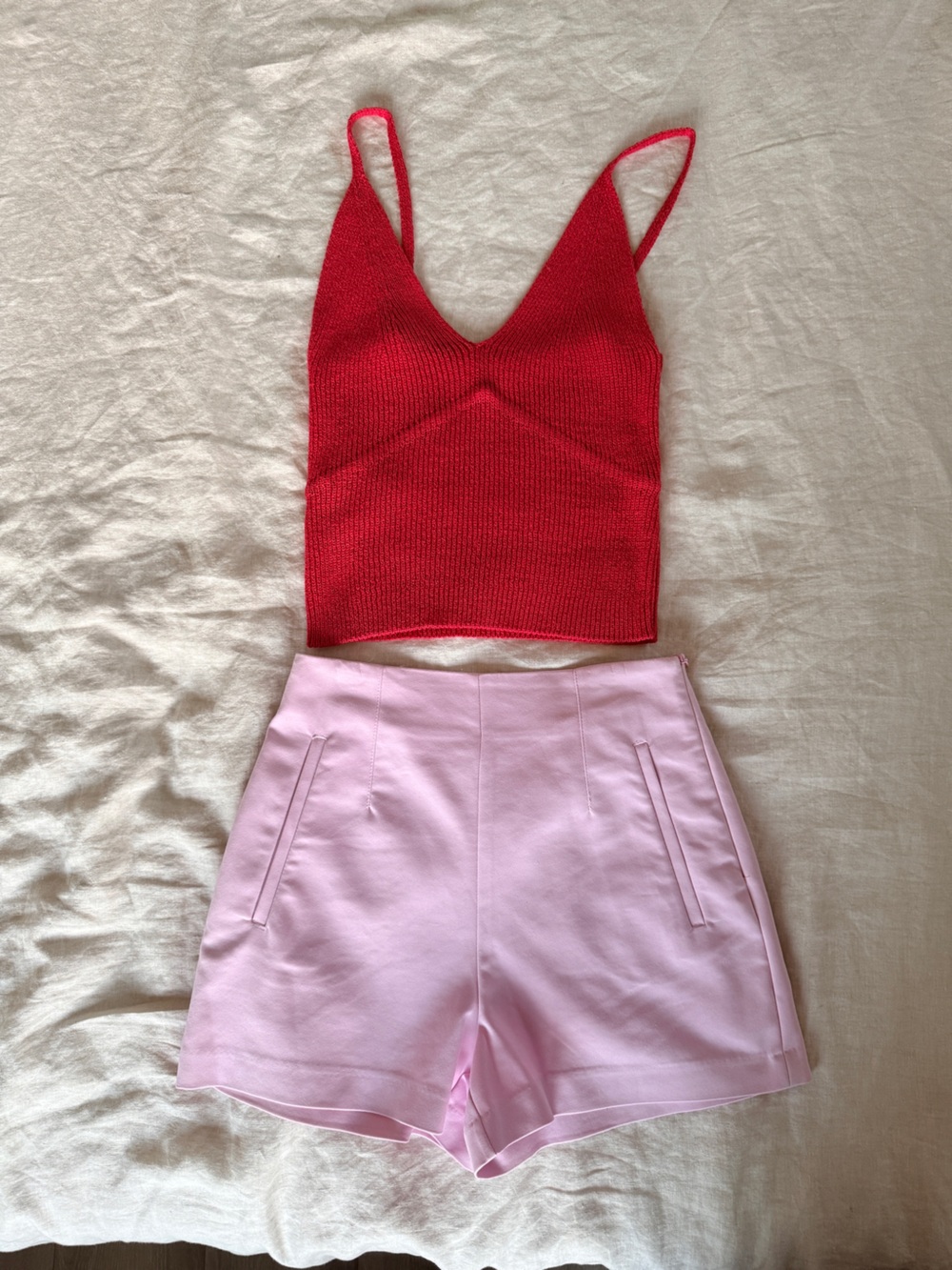 Zara Women's High-Waist Pink Shorts and Red Knit Tank